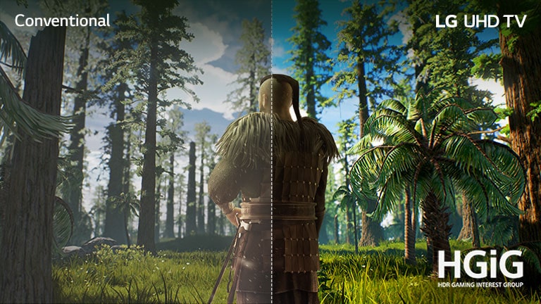 TV screen showing a game scene with the man standing in the middle of a forest. Half is shown on a conventional screen with poor picture quality. Other half is shown on LG UHD TV screen with crisp, vivid picture quality.
