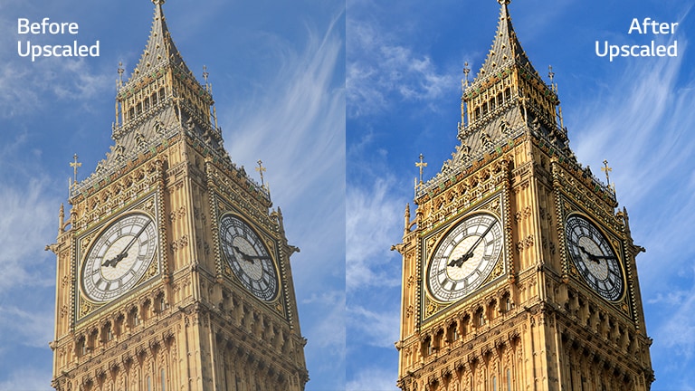 An image of Big Ben on the right with the text of 'After Upscaled' has brigter and clearer image compared to the same image on the left with the text of 'Before Upscaled'.