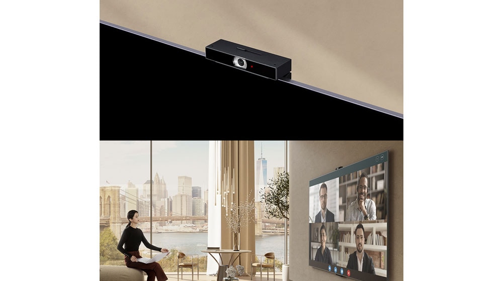 A woman is sitting on an armrest of a sofa, holding a laptop and watching TV. Inside the TV on the big screen, you can see four characters and a video conference.