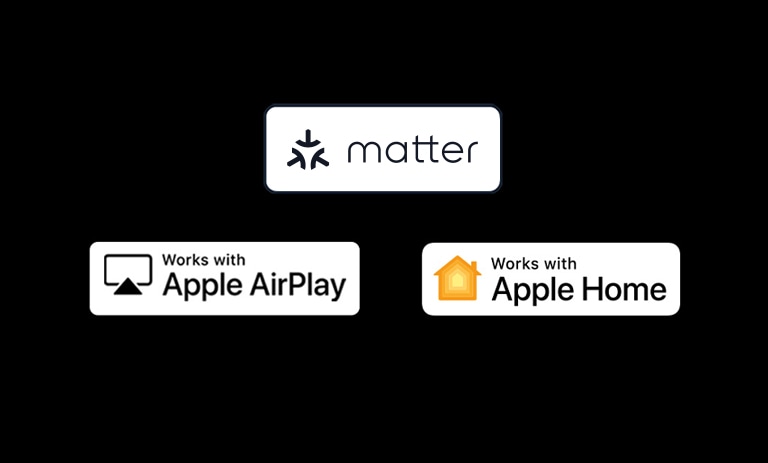 The logo of Apple AirPlay <br>The logo of works with Apple Home <br>The logo of works with Matter