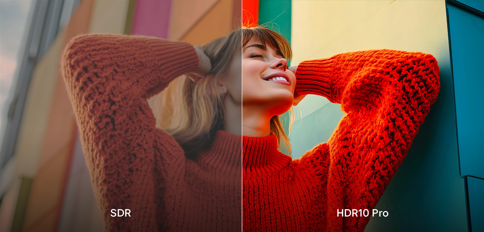 A photo of a girl in a red sweater split down the middle to show the left side in SDR and the right side in HDR10 Pro. The right side of the image is more sharp and in contrast in comparison to the left side of the image.