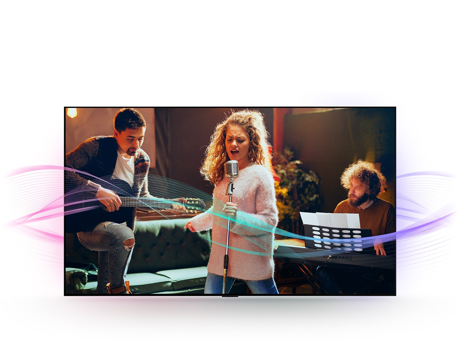 A man playing guitar, a woman singing into a mic, and a man playing the piano are pictured. Soundwaves which are coming from them are seen to show sound emission and how sound quality is enhanced with Al Clear Sound.