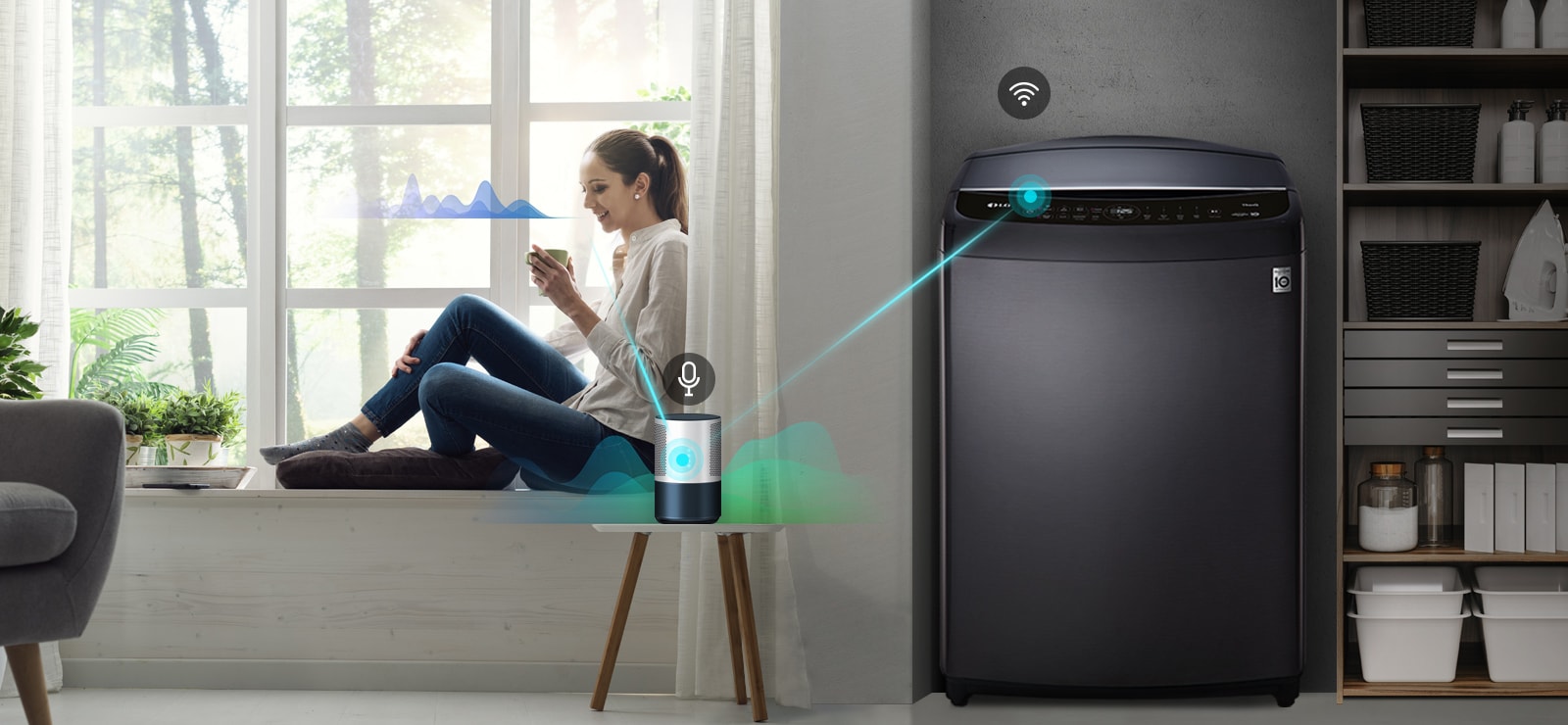 A woman sits in a window holding a drink. She speaks to the AI speaker show by a line from her to the speaker and a sound wave next to her face. The AI speaker then connects to the washer shown with a line and sound waves.