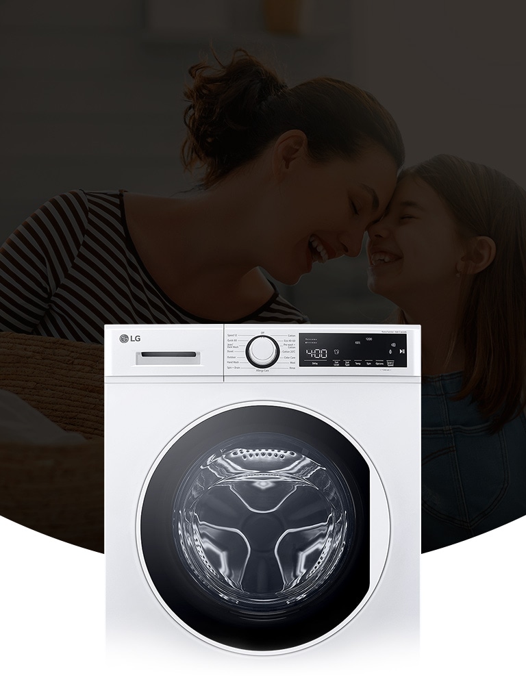 There is a washer on the background of a smiling father and daughter.