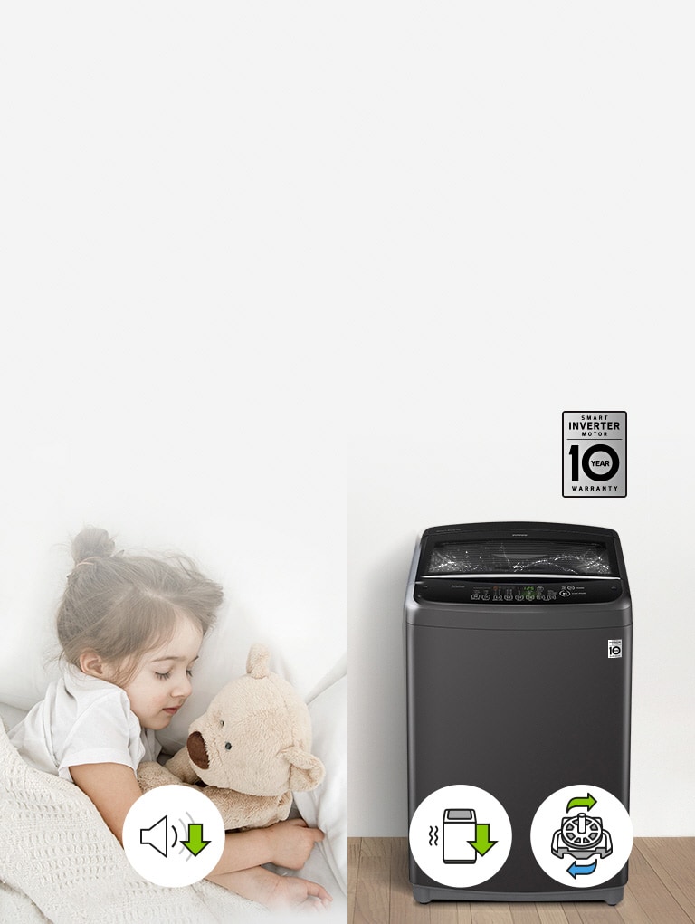 LG T1666NEHT2 A child sleeps with a teddy bear on a bed in an image on the left with a volume icon next to an arrow down to indicate it is quiet. The front of the Top Load Washing Machine is shown on the right with three icons beneath it. The first icon is a washer and squiggly lines to mean shaking and an arrow pointing down. The second icon is a motor with a green arrow above pointing right and a blue arrow below pointing left to show rotation. The third icon is the LG Smart Inverter Motor 10 Year Warranty image. 
