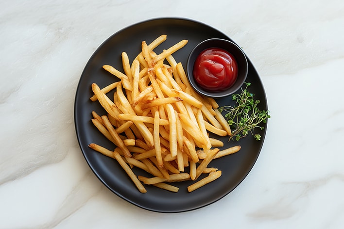 Plate of crispy French fries with ketchup.