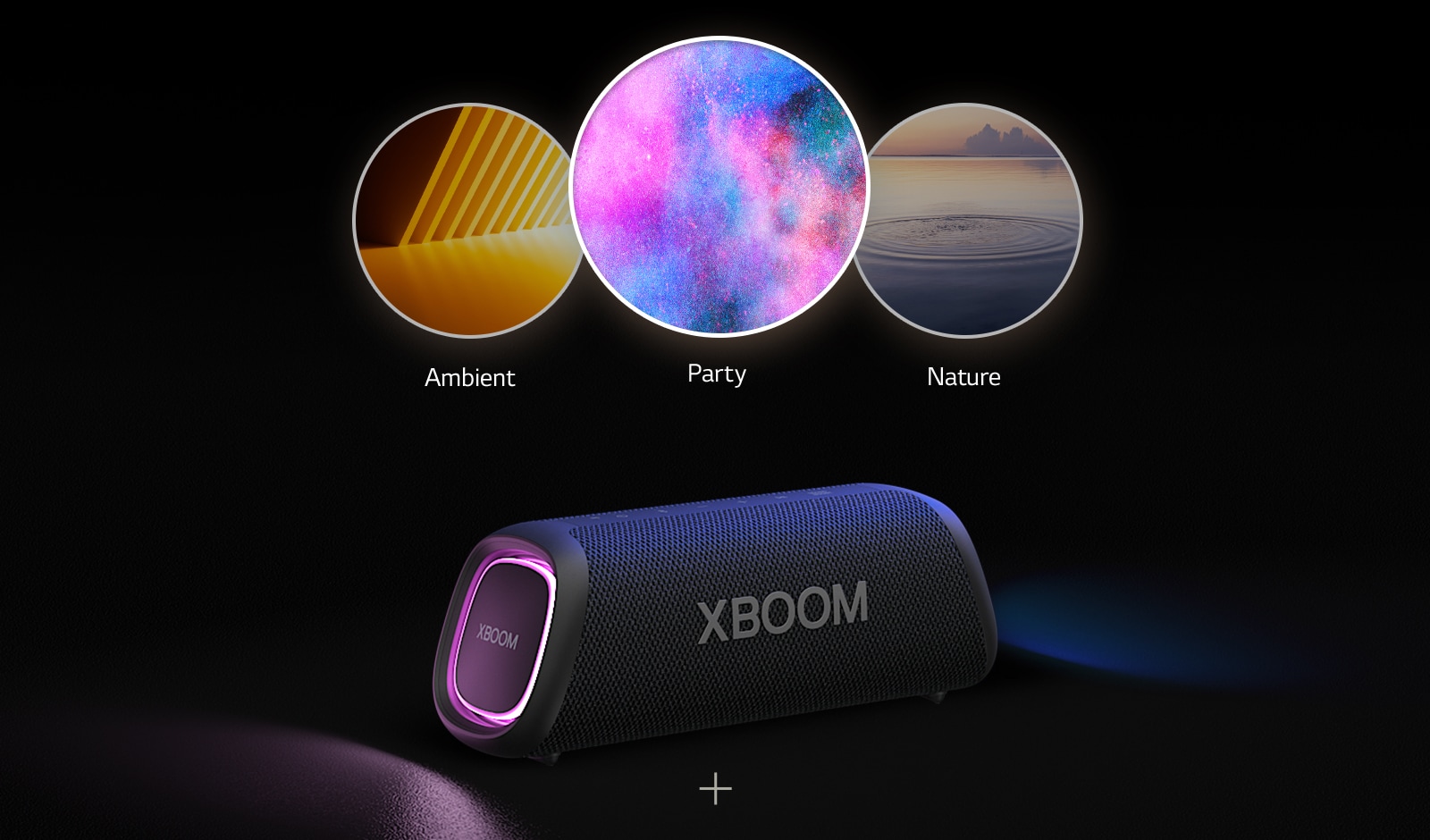 LG XBOOM Go XG5 with purple lighting is placed on the floor. On top of the speaker it shows three modes of Light studio; ambient, nature, and party.