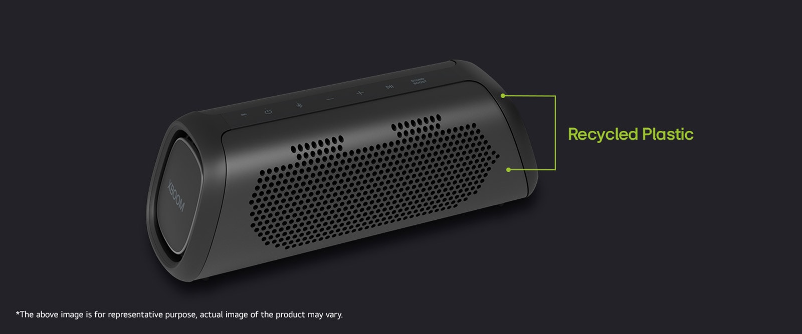 There is a diagonal view of speaker, showing recycled parts.