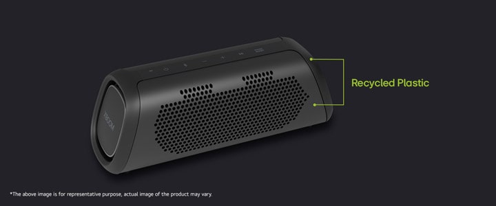 There is a diagonal view of speaker, showing recycled parts.