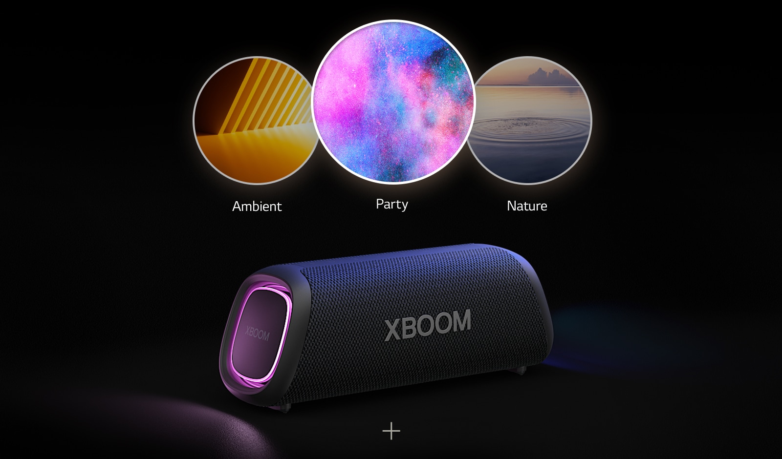 LG XBOOM Go XG7 with purple lighting is placed on the floor. On top of the speaker it shows three modes of Light studio; ambient, nature, and party.