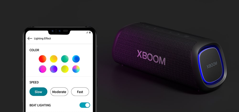 On the left, My style UI is shown. On the right side, LG XBOOM Go XG7 with blue lighting is placed on the floor.