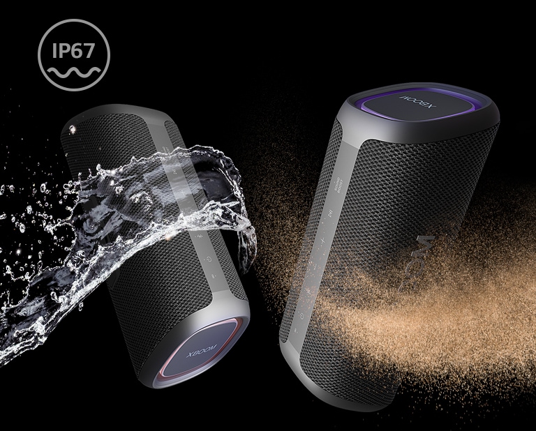 Two LG XBOOM Go XG7 are placed in infinite space. One shows that it's waterproof and the other is dust-proof. 