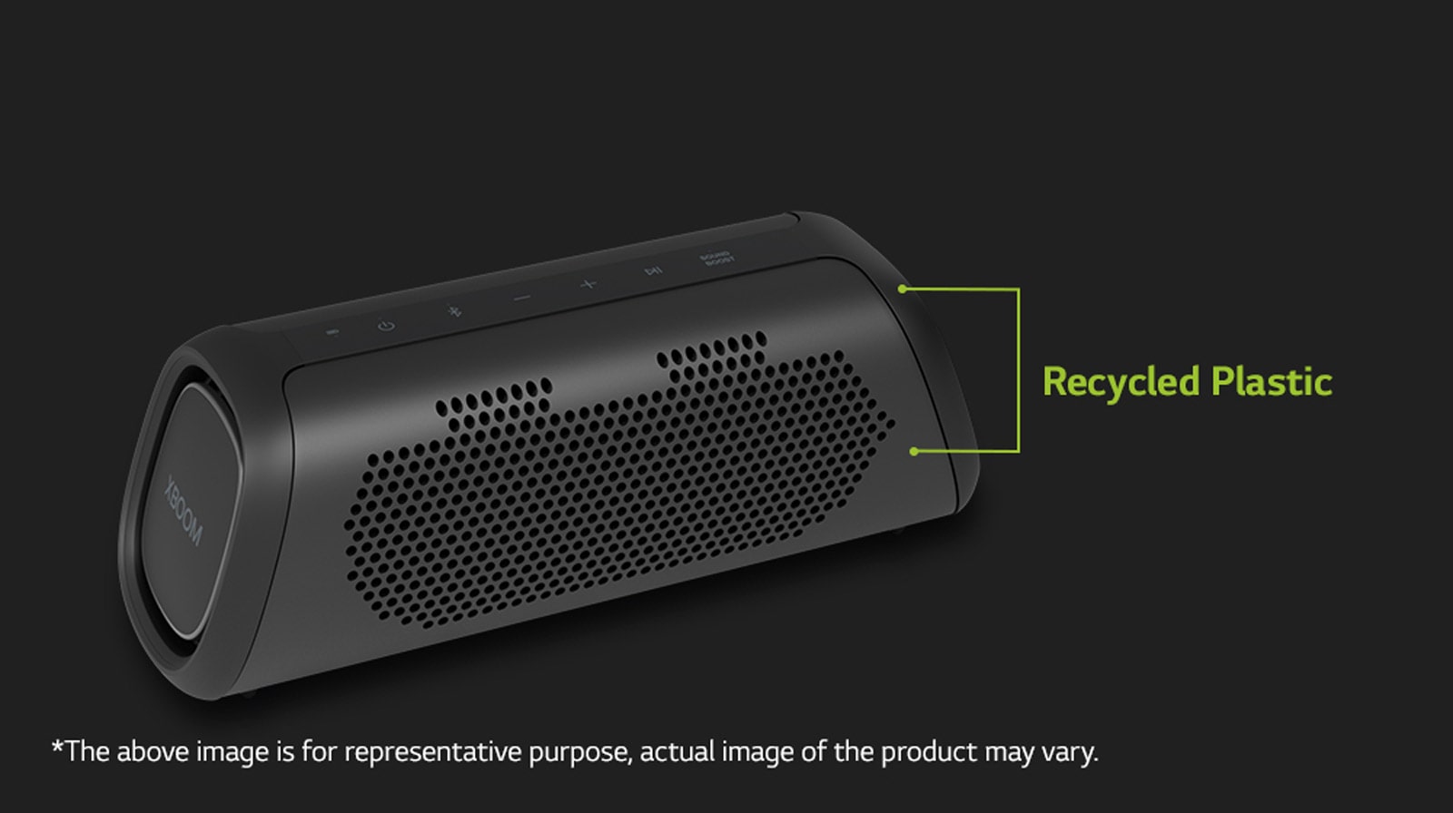 There is a diagonal view of speaker, showing recycled parts.