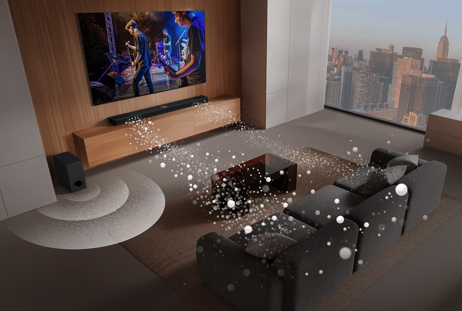 LG Soundbar, LG TV and subwoofer are in a living room displaying screen image with playing a musical performance. Two branch of white soundwaves made up of droplets project from the soundbar and a subwoofer is creating a sound effect from the bottom.