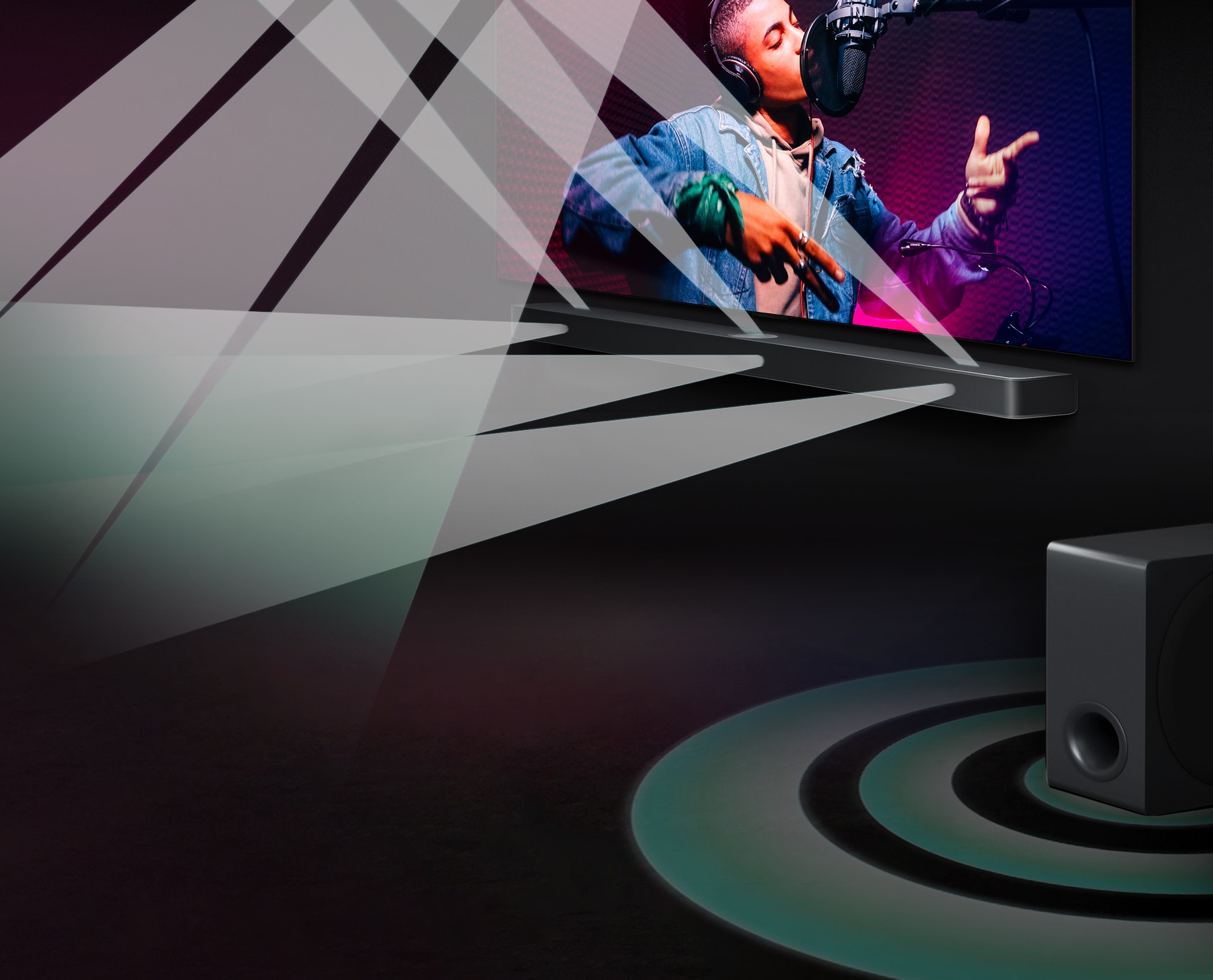 LG TV and LG Soundbar in a black room playing a musical performance. White droplets representing soundwaves shoot upwards and forward from the soundbar. A subwoofer is creating a sound effect from the bottom.