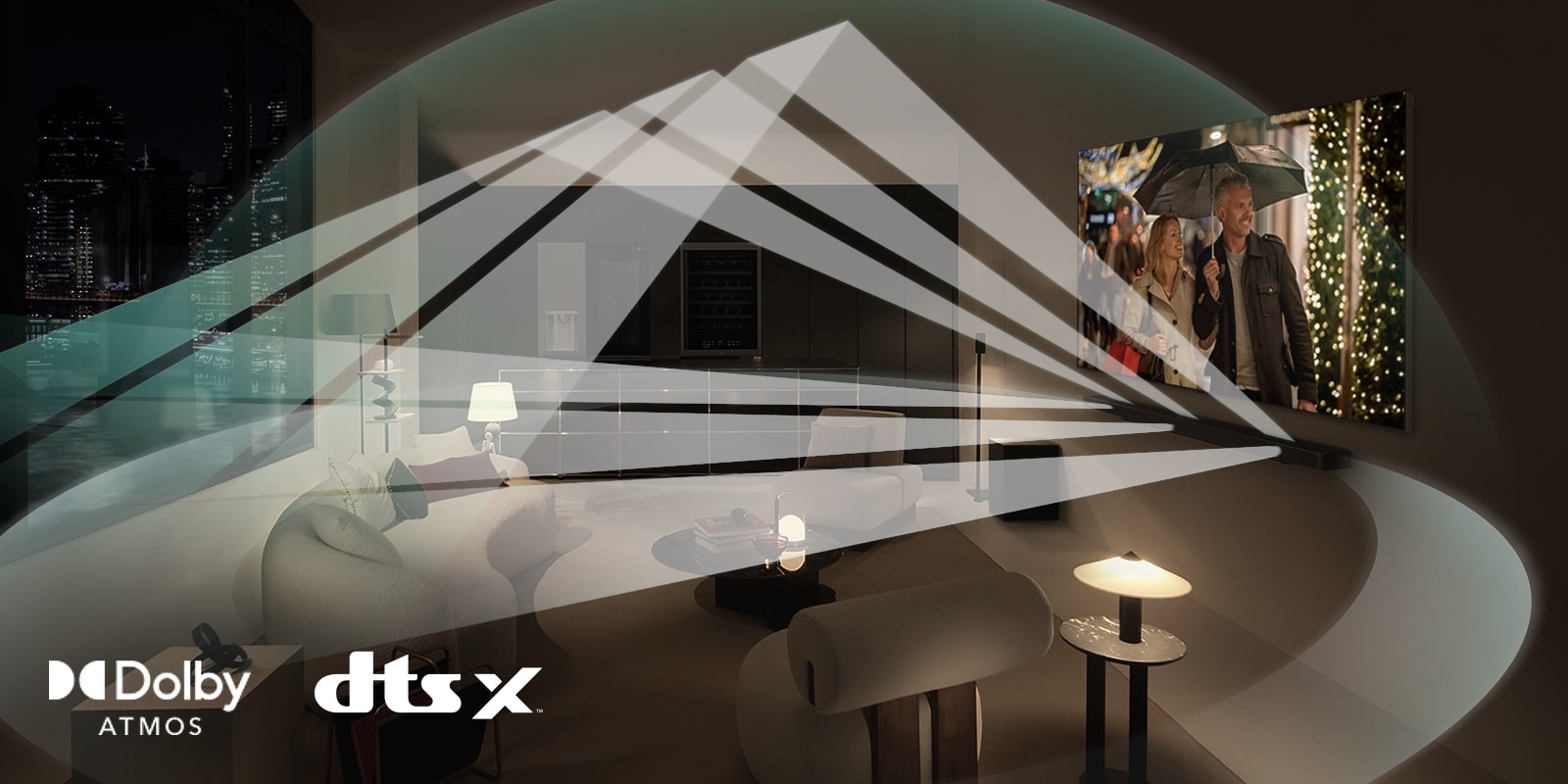 A movie plays on an LG OLED TV and LG Soundbar in a modern city apartment in a side angle view. White beads depicting sound waves project upwards and downwards from the Soundbar and TV, creating a dome of sound in the space.  Dolby Atmos logo DTS X logo