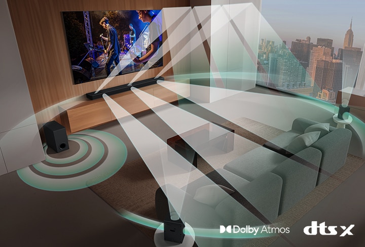 LG TV, LG Soundbar, rear speakers and a subwoofer are in a living room of a skyscraper, playing a musical performance. White soundwaves made up of droplets project from the soundbar and rear speakers, looping around the sofa and living space. A subwoofer is creating a sound effect from the bottom. Dolby Atmos logo DTS X logo