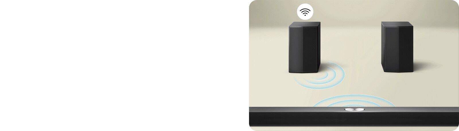 Rear speakers and Wireless Connectivity Box facing an LG Soundbar with blue curves illustrating connectivity bouncing between the box and soundbar. A black and white connectivity symbol is above the Wireless Connectivity Box. The box then fades away, and the blue curves illustrating connectivity bounce between the left rear speaker and soundbar. The black and white connectivity symbol is now above the rear speaker.