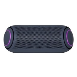 Front view of LG XBOOM Go with purple lighting.