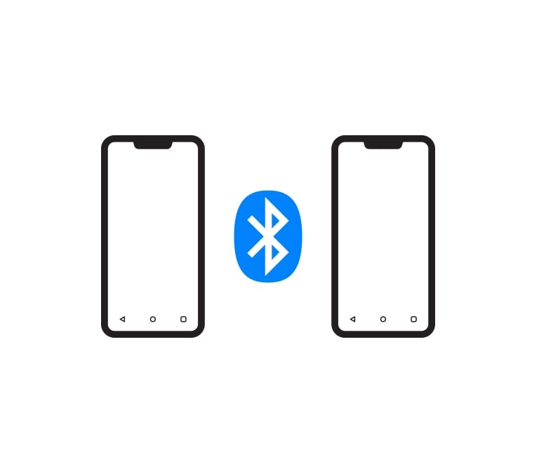 There is a Bluetooth logo between two smartphone icons.
