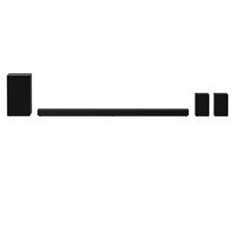Front view of LG SP11RA 7.1.4Ch High Res Audio Sound Bar with speakers and subwoofers, and Meridian Technology, SP11RA2