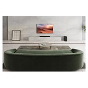 LG S75Q 3.1.2ch High Res Audio soundbar with Dolby Atmos, A sound bar, rear speaker, and TV are in a white living room, S75Q, thumbnail 4