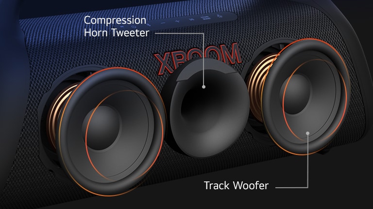 Diagonal view LG XBOOM Go XG9, showing its compression horn tweeter and a track woofers.