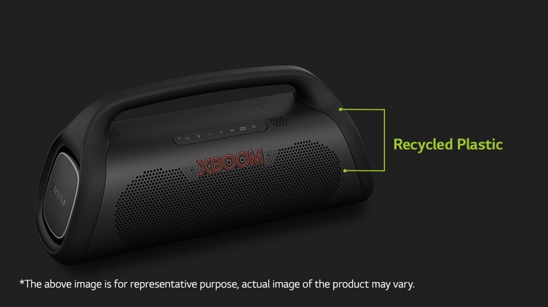 There is a diagonal view of speaker, showing recycled parts.