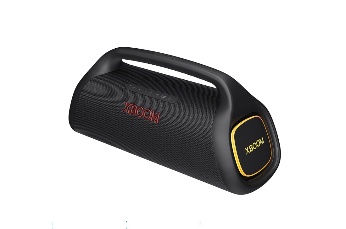LG XBOOM Go XG9 | 80W |  IP67 Waterproof & Dust Resistant | Stage  Lighting, Diagonal view with right side forward, organge lighting is on, XG9QBK, thumbnail 6