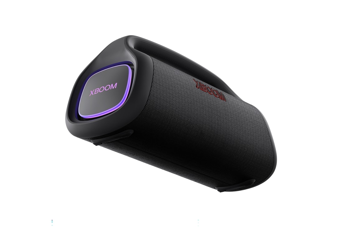 LG XBOOM Go XG9 | 80W |  IP67 Waterproof & Dust Resistant | Stage  Lighting, Low angle with left side forward, purple lighting is on, XG9QBK, thumbnail 10