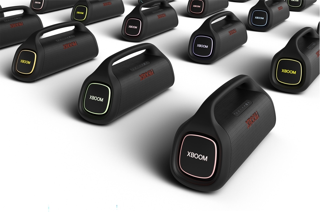 LG XBOOM Go XG9 | 80W |  IP67 Waterproof & Dust Resistant | Stage  Lighting, Many LG XBOOM Gos are aligned with left speaker forward, having different lighting colors, XG9QBK, thumbnail 11
