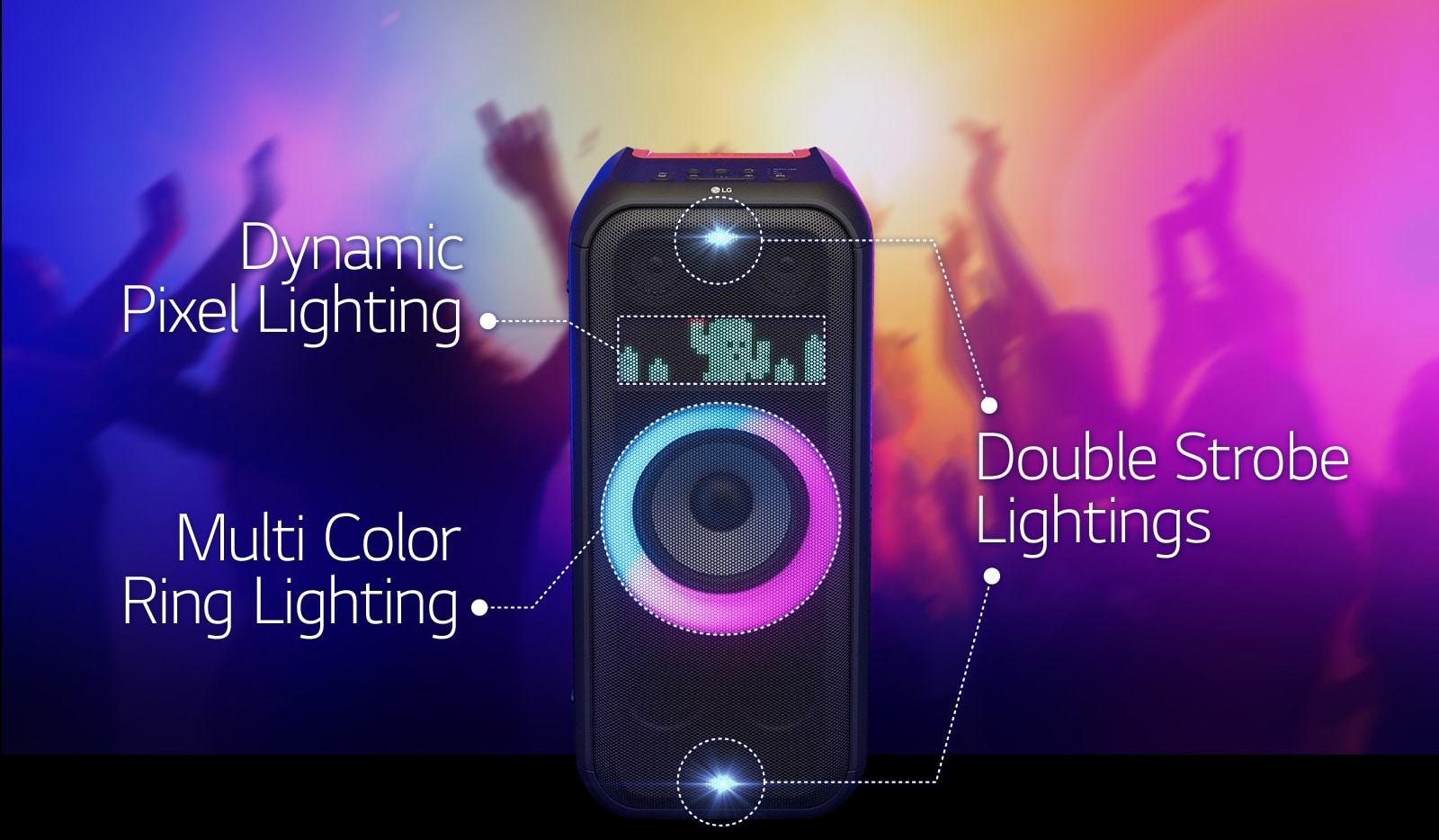 Front view of the speaker. There is a line to inform each part of the lighting. On top and bottom, double strobe lighting. In the middle, pink and cyon gradient multi color ring lighting is on. Above is dynamic pixel lighing, displaying cactu character.