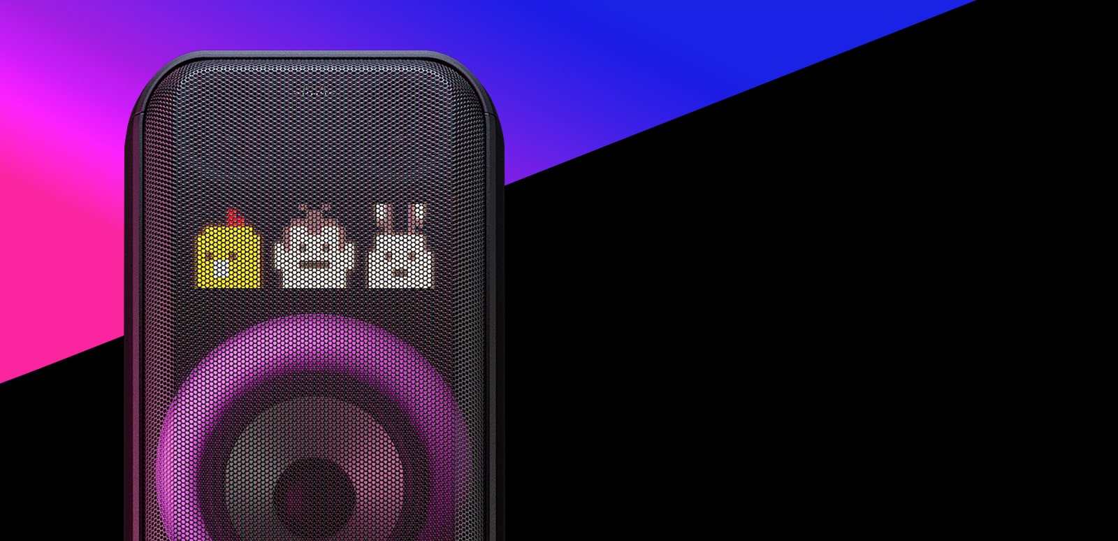 Text is placed on the purple gradient area, below there is a diagonal black colored area. The speaker is placed in between, showing dynamic pixel lighting and multi color ring lighting.