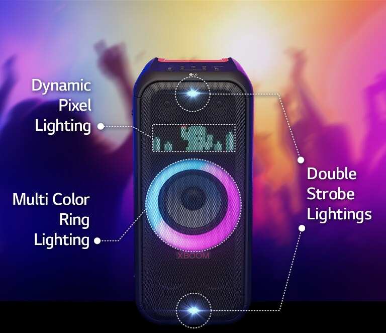 Front view of the speaker. There is a line to inform each part of the lighting. On top and bottom, double strobe lighting. In the middle, pink and cyon gradient multi color ring lighting is on. Above is dynamic pixel lighing, displaying cactu character.
