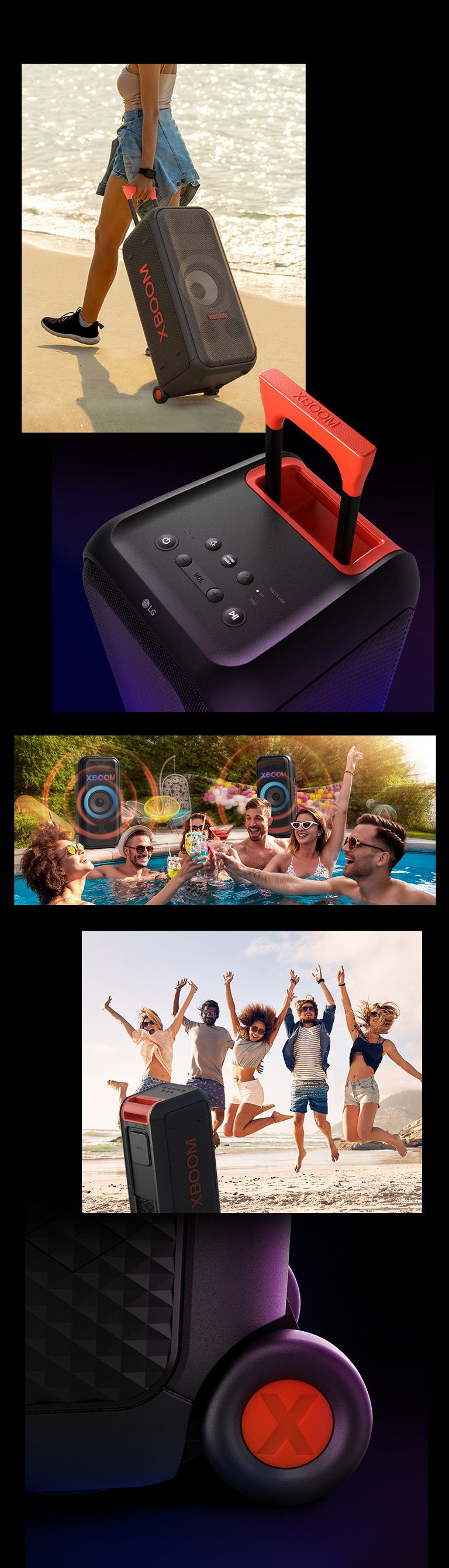Illustrated images of LG XBOOM XL7S. From the top, shillouet of people, with the telescopic handle and wheels woman carrys the speaker easily. Top view of the speaker and telescopic handle. People are enjoying pool party, two LG XBOOM XL7S with sound graphics are placed behind. Back view of the speaker and people are juming on the beach, close-up of the wheel.