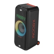 LG XBOOM Portable Party Bluetooth Speaker With Pixel LED & Multi-Colour Ring Lighting, Left side forward with all lighting on. On the Dynamic Pixel Lighting panel, it shows the text; Happy., XL7S, thumbnail 2