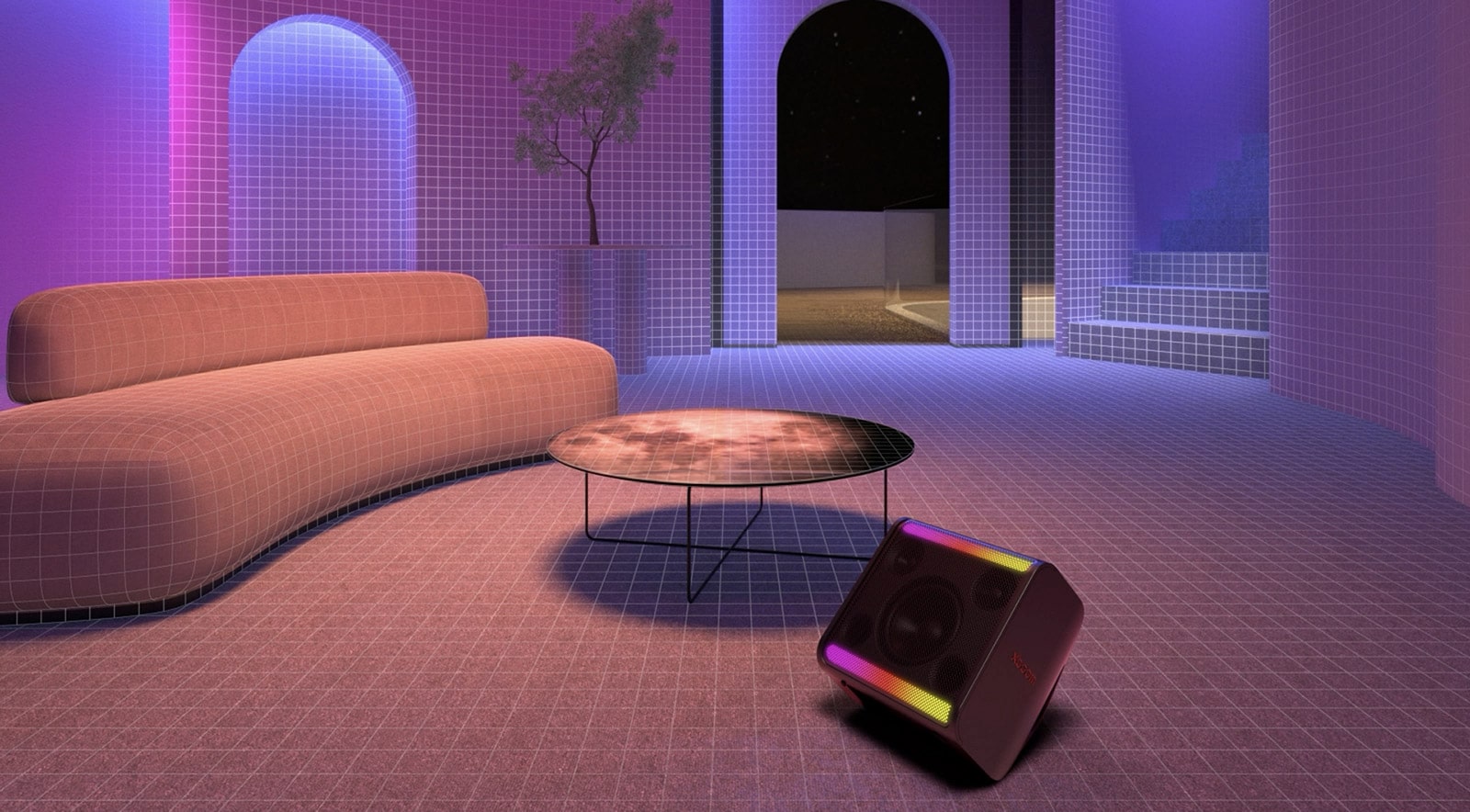 In a room equipped with a long sofa, a round table and a plant, xboom Stage 301 is placed In the front with its light on.	