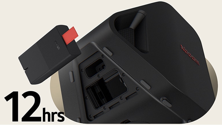 Rear side of Stage 301 is shown with its battert part open. A replaceable battery is hanging on the air right next to the xboom Stage 301.