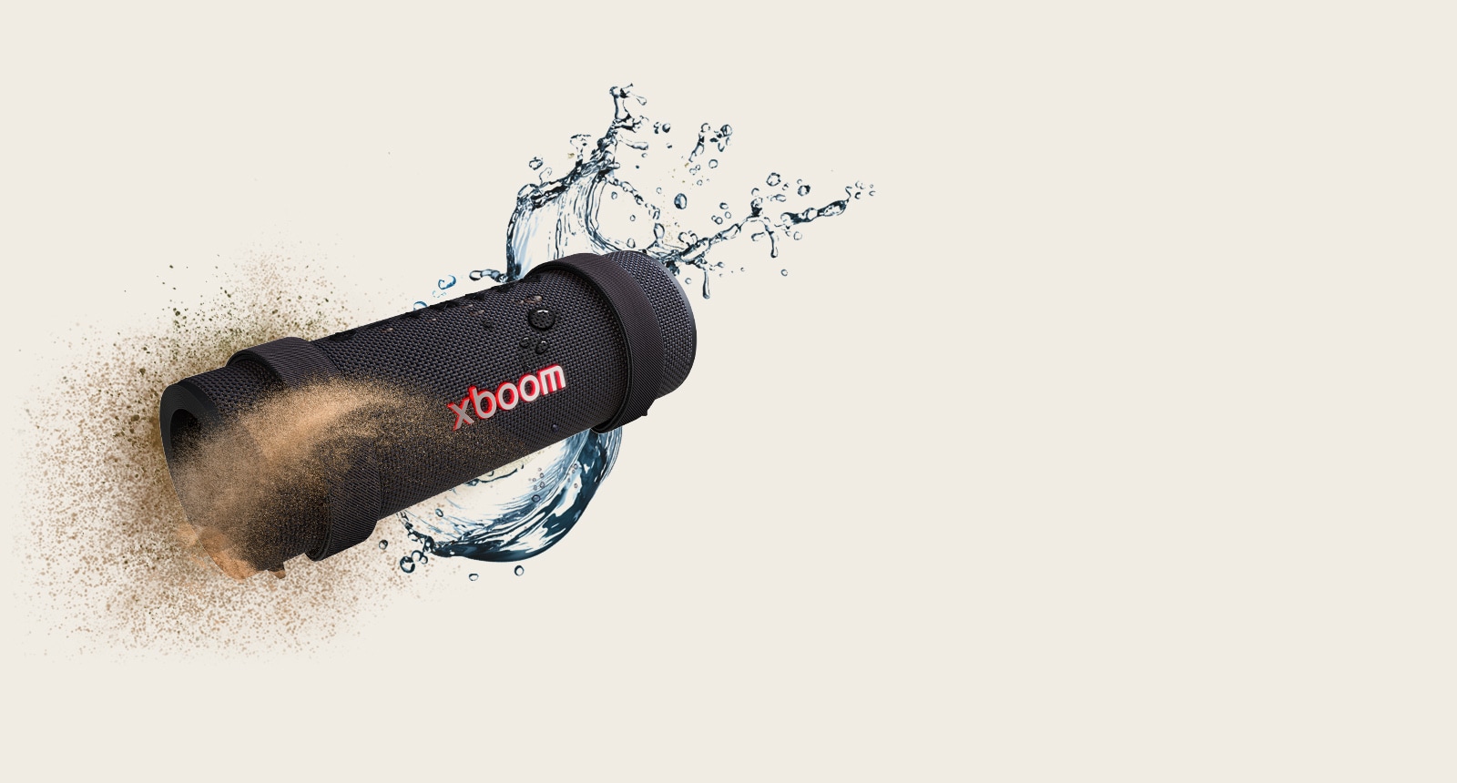 xboom Grab is placed in a hexagonal form and behind it there's a bunch of soil on the left and splash of water on the right.