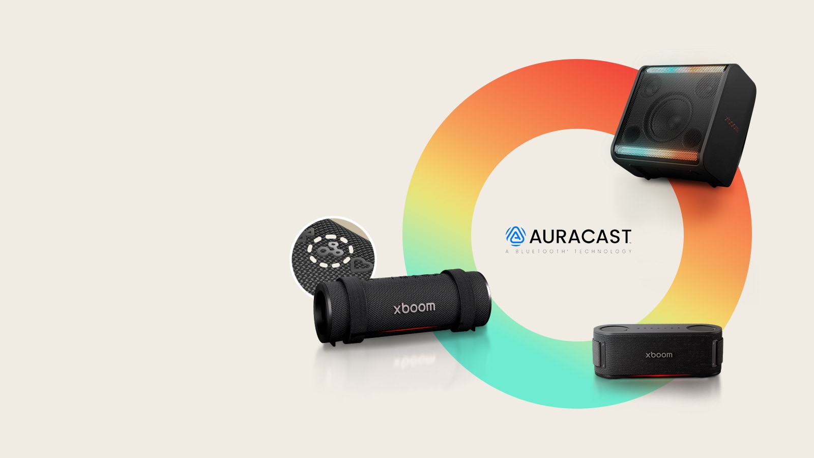 On a rainbow-colored circle xboom Stage 301, Bounce and Grab is placed in a clock-wise order. Next to the xboom Grab its Auracast button's image is placed in a circle.	