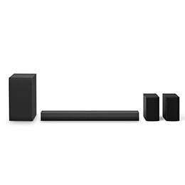 Front view of LG Soundbar S40TR, subwoofer, and Rear Speakers2