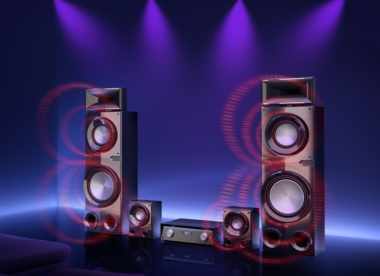 There are spotlights are on above LG MR11. The product is standing against blue background. Sound graphics are coming out from the product for illustrative purpose. 