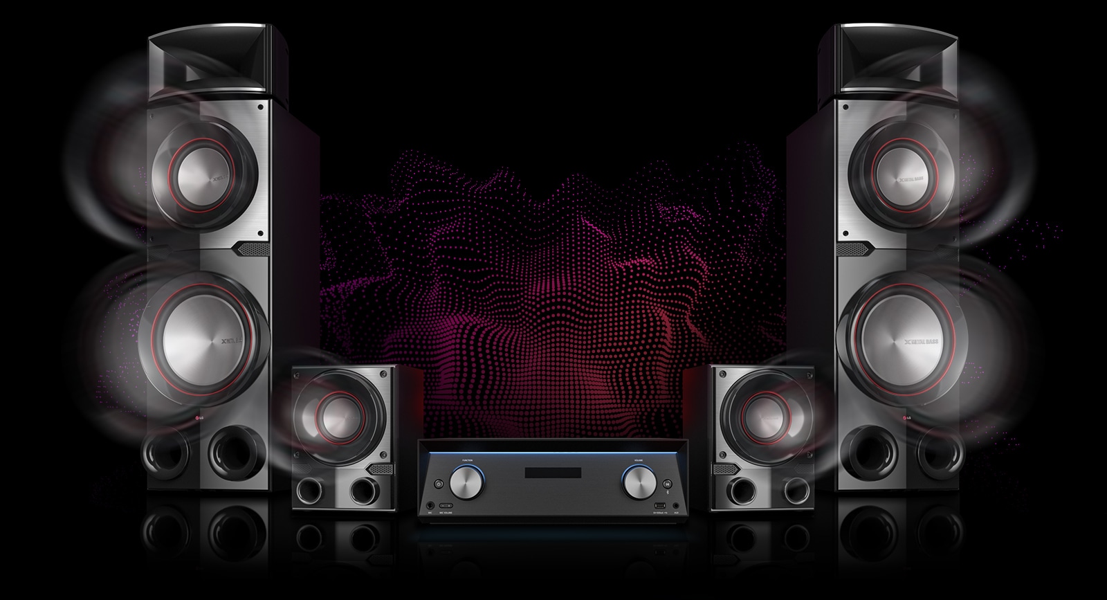 LG MR11 is placed against black background. Powerful sound graphics are coming out from the speaker units. Behind the receicer, abstract sound graphics are shown for illustrative purpose.