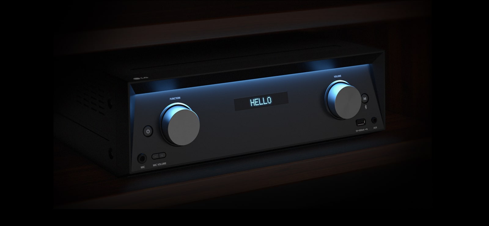 LG MR11's receiver is placed on the shelf with blue lightings on. 'Hello' is shown in the display.