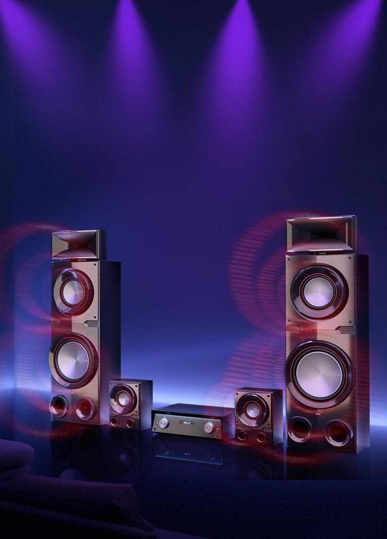 There are spotlights are on above LG MR11. The product is standing against blue background. Sound graphics are coming out from the product for illustrative purpose. 