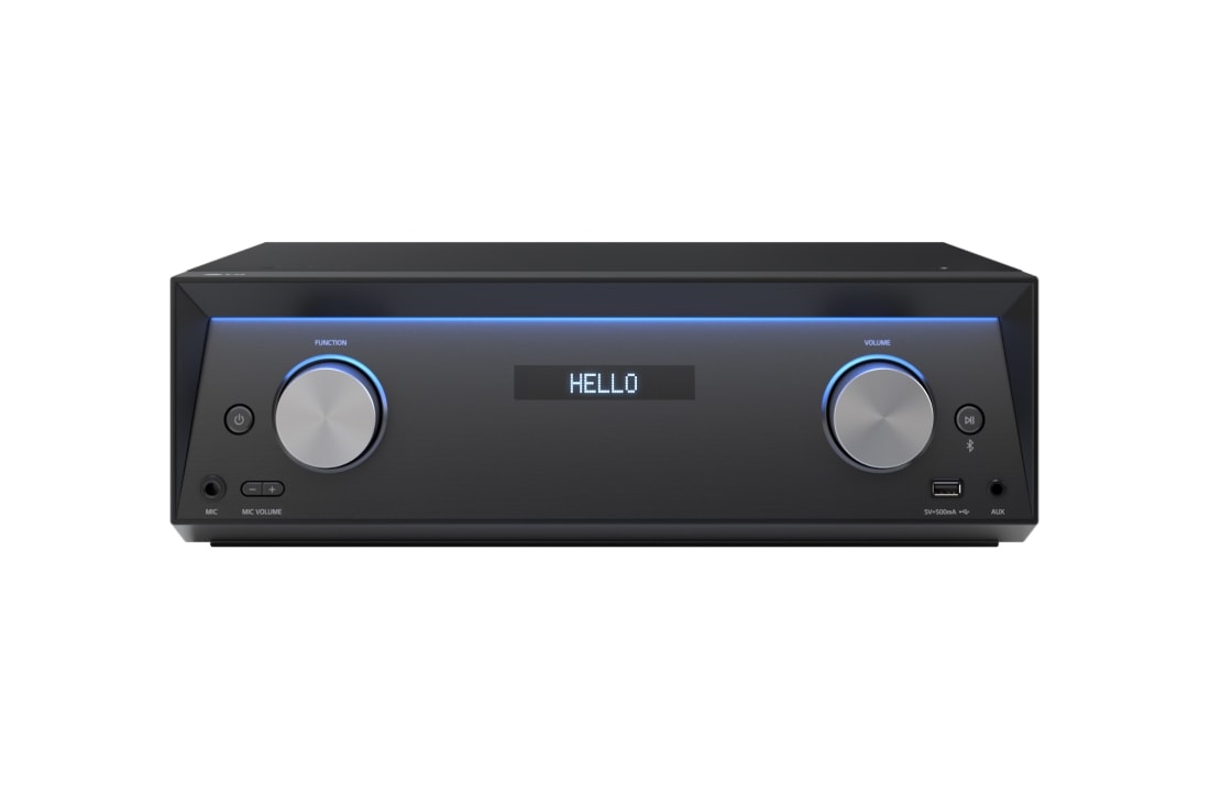 LG MR11, Front view of multimedia receiver with blue lighting is on. 'Hello' is displayed on the panel, MR11, thumbnail 5