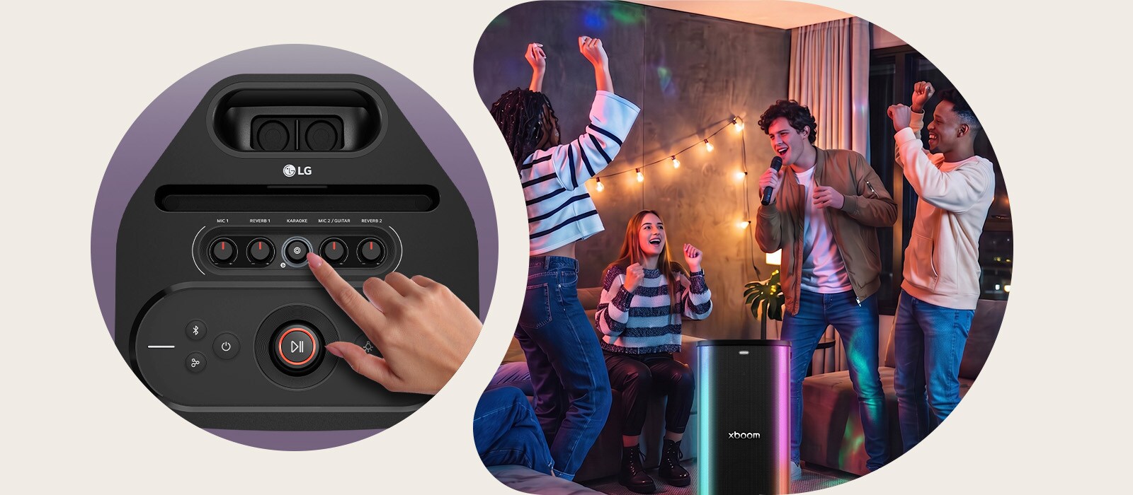 People singing in front of the LG xboom Stage 501, enabling AI Karaoke with Vocal Remover and key changer, no app needed.