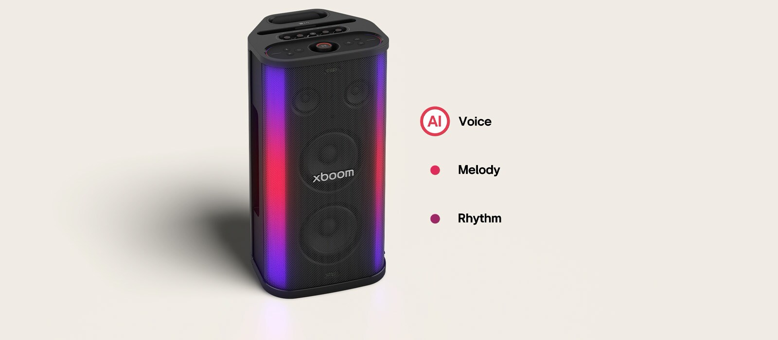 LG xboom Stage 501 speaker with colorful dual-bar LED lighting, showing AI lighting synchronized with music for an immersive party design