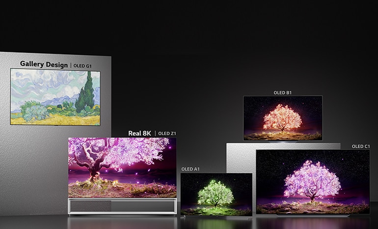 The Gallery Design OLED G1, Real 8K OLED Z1, OLED A1, OLED B1, and OLED C1 TVs arranged in front of a dark backdrop.