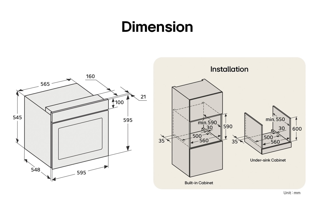 LG 60L built-in oven, black with touch control, Oven dimensions and built-in cabinet installation diagram with measurements., WS5D6010G, thumbnail 14